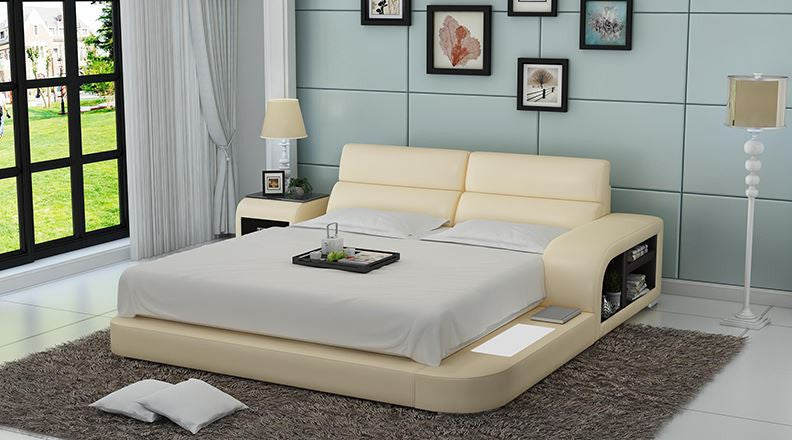 QUEEN MERIDAN MODERN LEATHER BED ( LB8805) - ASSORTED COLOURS AVAILABLE IN DIFFERENT LEATHERS (COLOUR BOARD ATTACHED IN IMAGE SECTION)