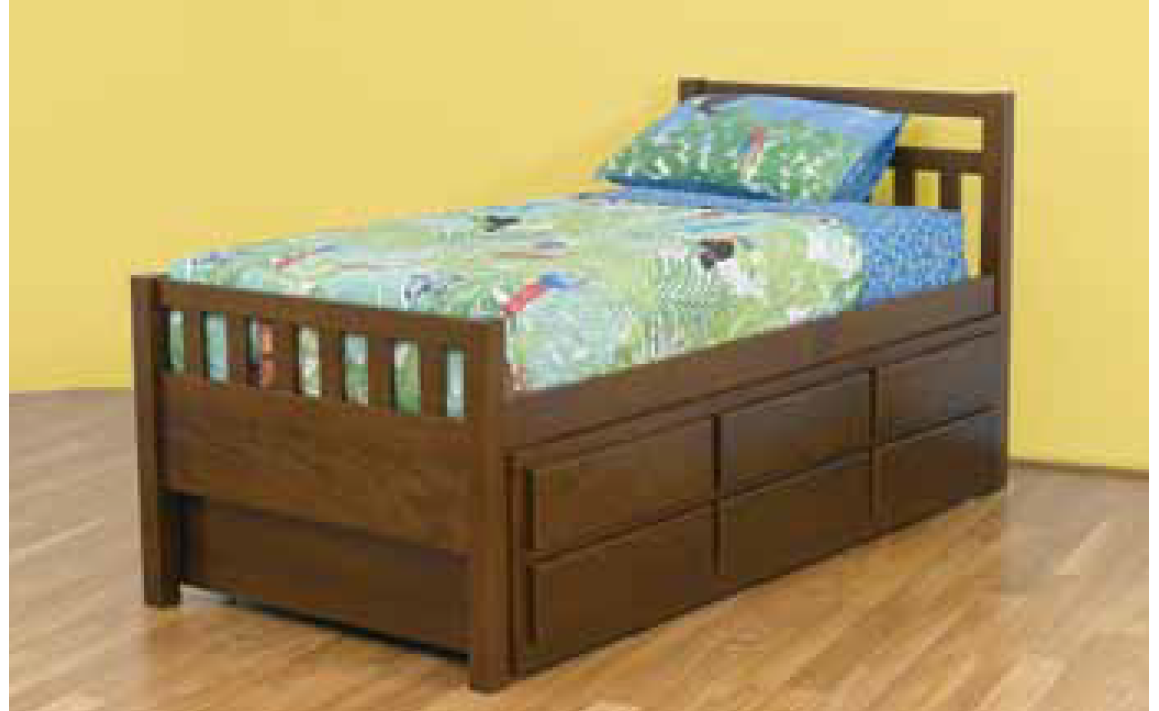 SINGLE JAHED CAPTAINS BED ( 11-18-21-26) WITH 3 STORAGE DRAWERS AND SINGLE TRUNDLE - WALNUT