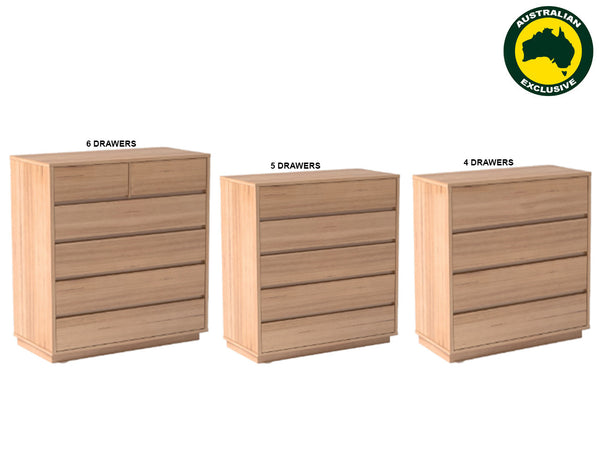CATHERINE (AUSSIE MADE) TALLBOY COLLECTION - TASSIE OAK WITH FLOATING BASE COMBINATION - ASSORTED STAINED COLOURS