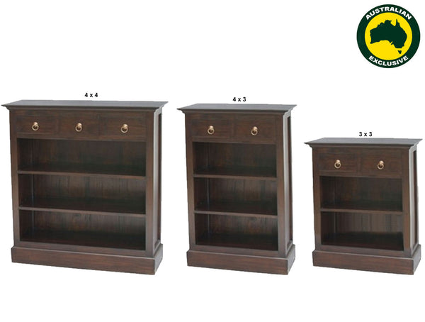 CENTRY (AUSSIE MADE) LOWLINE BOOKCASE WITH DRAWER COLLECTION - ASSORTED STAINED COLOURS