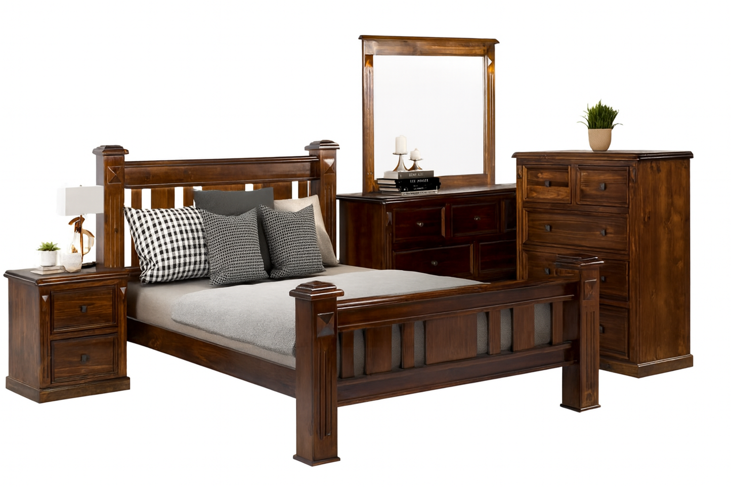LEGIONS KING 6 PIECE (THE LOT) BEDROOM SUITE - NUTMEG OR WALNUT (PICTURED)