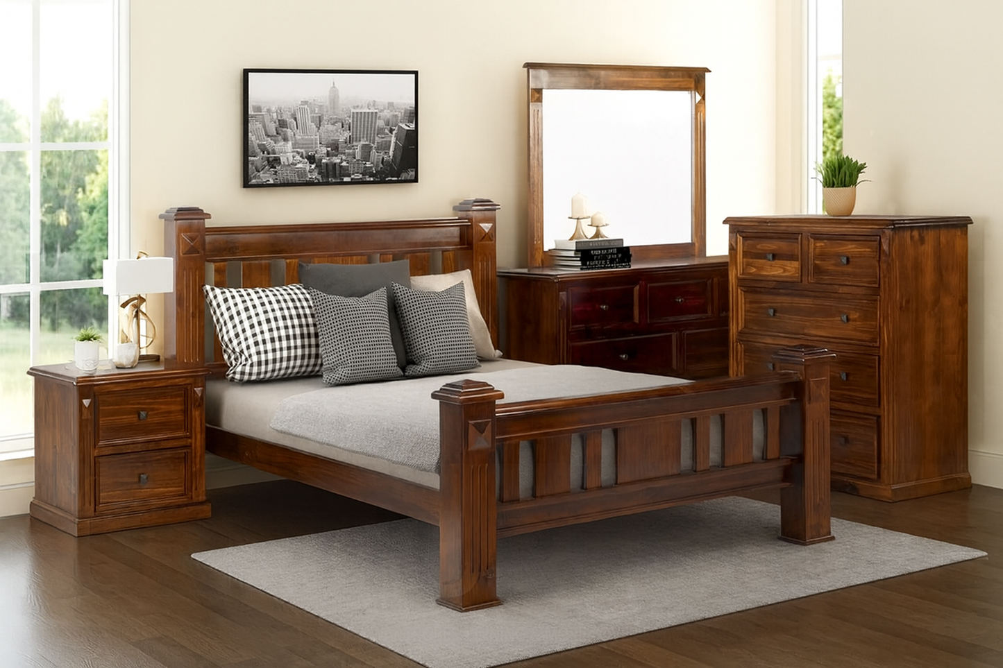 LEGIONS KING 5 PIECE (DRESSER) BEDROOM SUITE - BALTIC OR WALNUT (PICTURED)