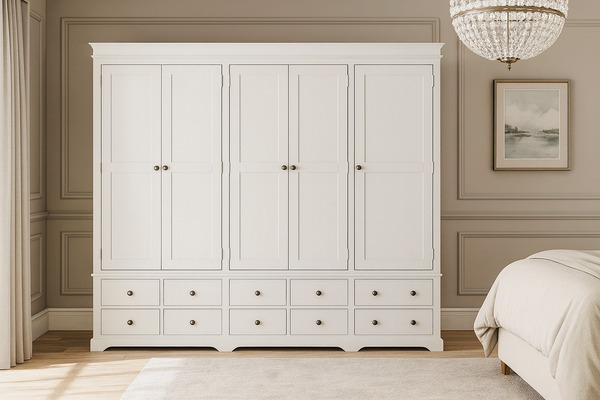 TORRIDGE (AUSSIE MADE) 6 DOOR / 12 DRAWER WARDROBE - 2100(H) x 3150(W) x 520(D) - (2 SECTIONS) - ASSORTED STAINED COLOURS