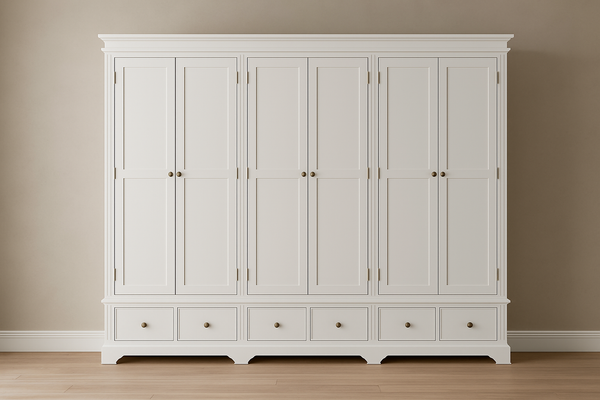 TORRIDGE (AUSSIE MADE) 6 DOOR 6 DRAWER WARDROBE - 1850(H) x 2700(W) x 520(D) - (3 SECTIONS) - ASSORTED STAINED COLOURS