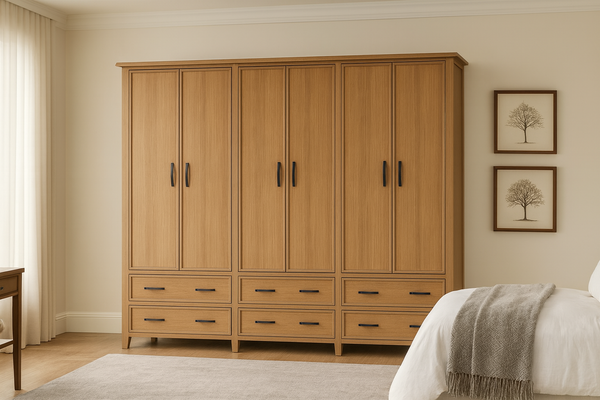 SYDNEYSIDE (AUSSIE MADE) 6 DOOR / 6 DRAWER WARDROBE ALL HANGING PIGEON PAIRED (3 SECTION) - TASSIE OAK COMBINATION - 1800(H) x 2700(W) - ASSORTED STAINED COLOURS