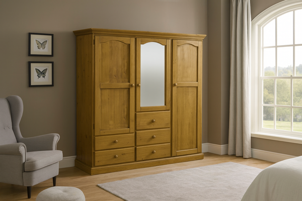 MUDGEE (AUSSIE MADE) 3 SECTION WITH 3 DOORS & 5 DRAWERS WARDROBE COLLECTION - ASSORTED STAINED COLOURS