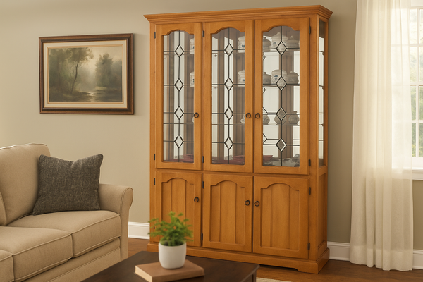 MONTERO (AUSSIE MADE) HIGHLINE DISPLAY (NO LEADLIGHT) CABINET WITH MIRRORED BACK COLLECTION - ASSORTED STAINED COLOURS