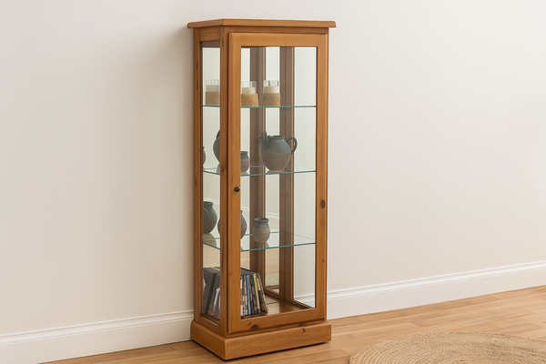 BATHURST (AUSSIE MADE) LOWLINE DISPLAY CABINET WITH MIRRORED BACKING COLLECTION - ASSORTED STAINED COLOURS