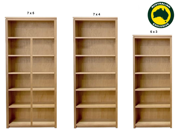 CHATSWOOD (AUSSIE MADE) HIGHLINE BOOKCASE WITH SMOOTH PLY BACKING COLLECTION - TASSIE OAK COMBINATION - ASSORTED STAINED COLOURS