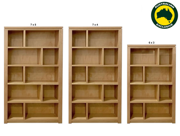 CHATSWOOD (AUSSIE MADE) HIGHLINE STAGGERED BOOKCASE WITH SMOOTH PLY BACKING COLLECTION - TASSIE OAK COMBINATION - ASSORTED STAINED COLOURS