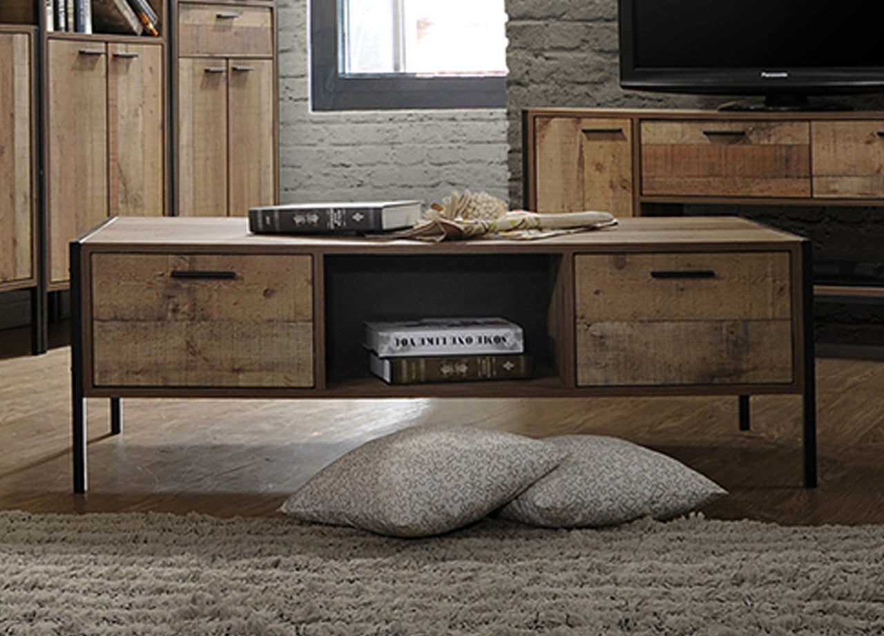 KAYN 2 DRAWER COFFEE TABLE - 400(H) x 1238(W) x 600(D) - OAK FINISH