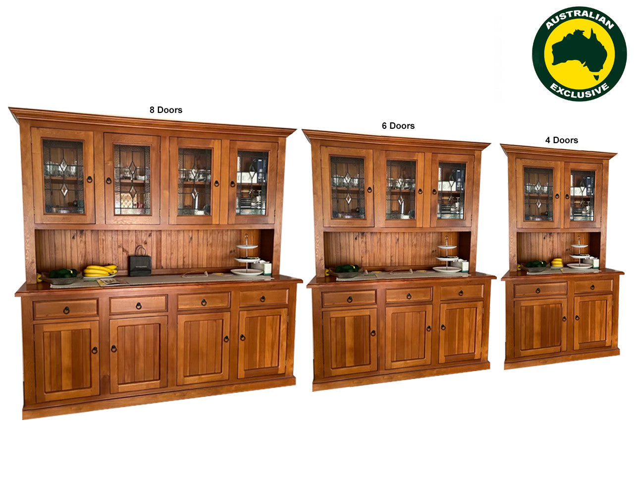 RIKKIE (AUSSIE MADE) BUFFET & HUTCH (NO LEADLIGHT) WITH PICTURE FRAME DRAWER FRONTS COLLECTION - ASSORTED STAINED COLOURS - STARTING FROM $1499