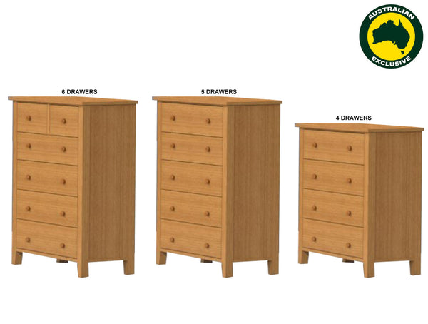 CRONULLA (AUSSIE MADE) TALLBOY COLLECTION - TASSIE OAK COMBINATION - ASSORTED STAINED COLOURS