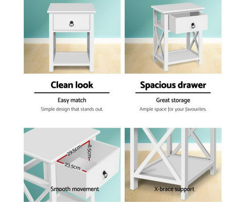 JOHNSON 1 DRAWER BEDSIDE TABLE SET OF 2 - WHITE
