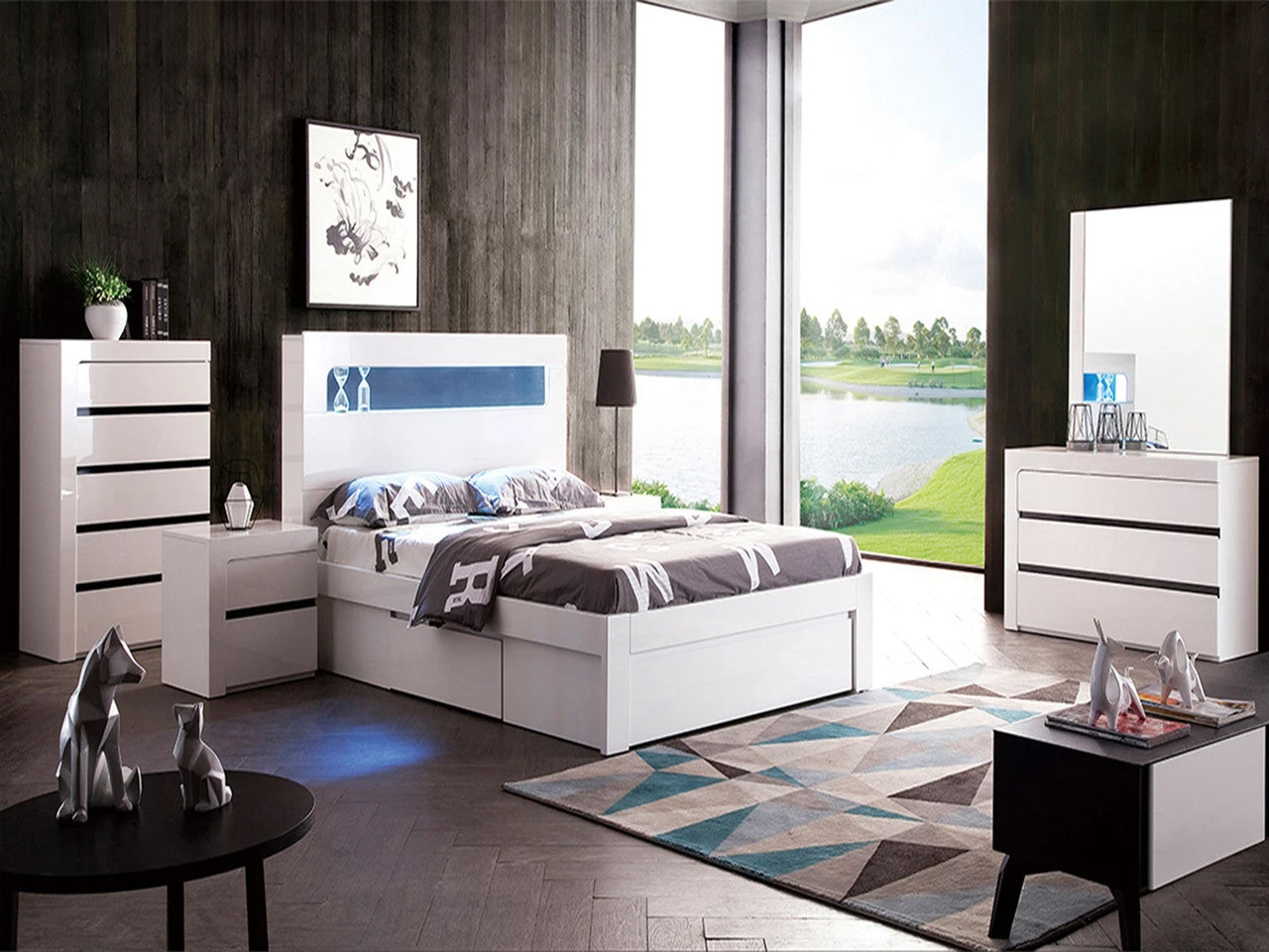 BEXLEY DOUBLE OR QUEEN 6 PIECE (THE LOT) BEDROOM SUITE WITH LED LIGHTS AND STORAGE OPTIONS (LS 708 D/Q)- GLOSS WHITE