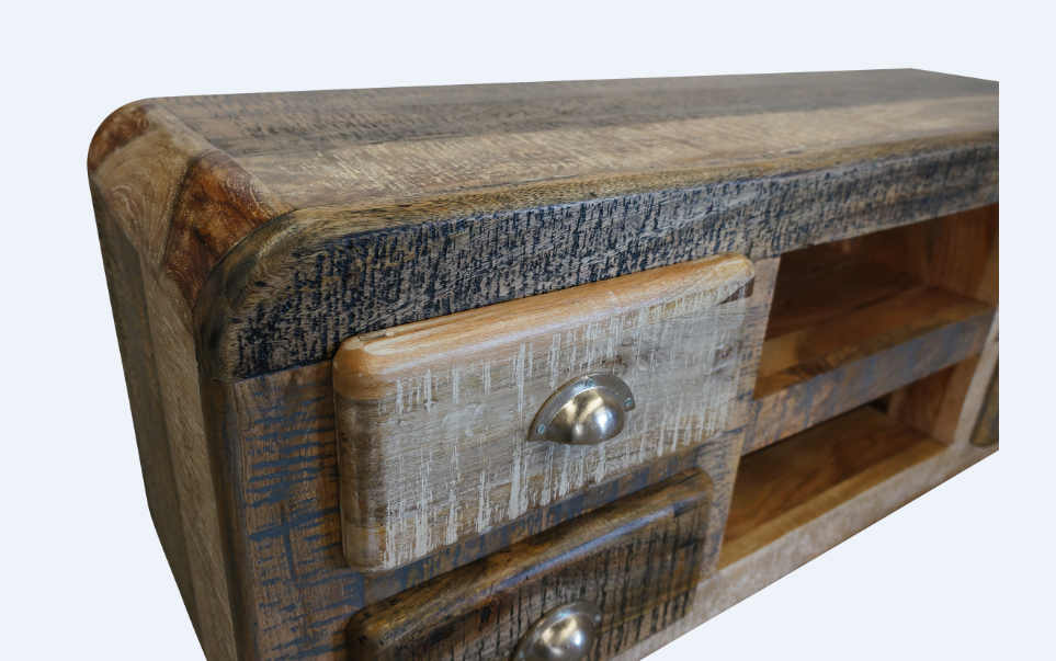 DETRIOT ENTERTAINMENT UNIT WITH 2 DRAWER AND DOOR -580(H) x 1350(W)- DISTRESSED MULTI