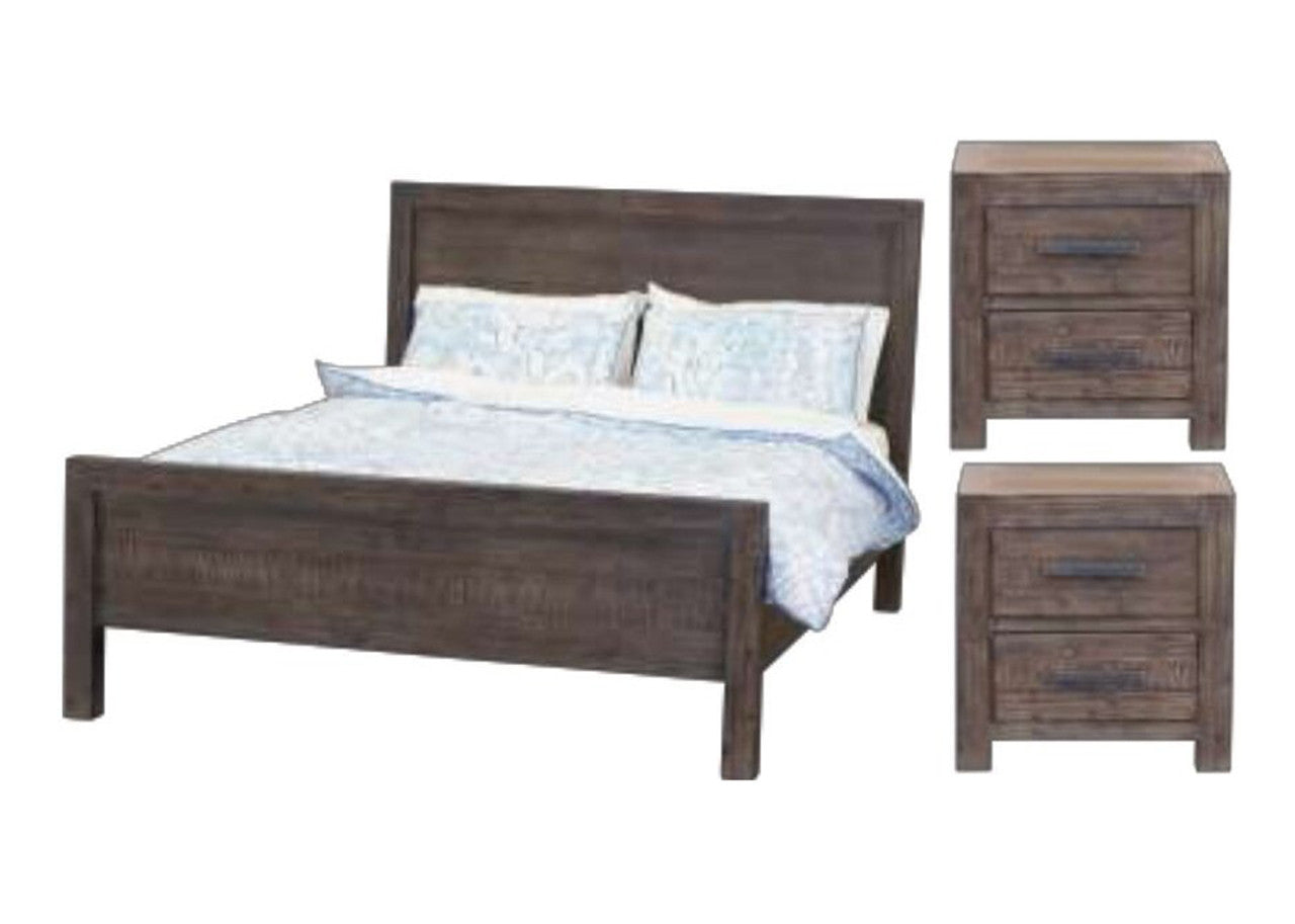 EDISON QUEEN 3 PIECE BEDSIDE BEDROOM SUITE - BRUSHED BROWN