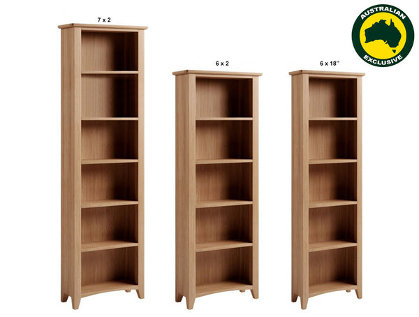 ELEGANCE (AUSSIE MADE) SKINNY BOOKCASE COLLECTION - TASMANIA OAK COMBINATION - ASSORTED STAINED COLOURS