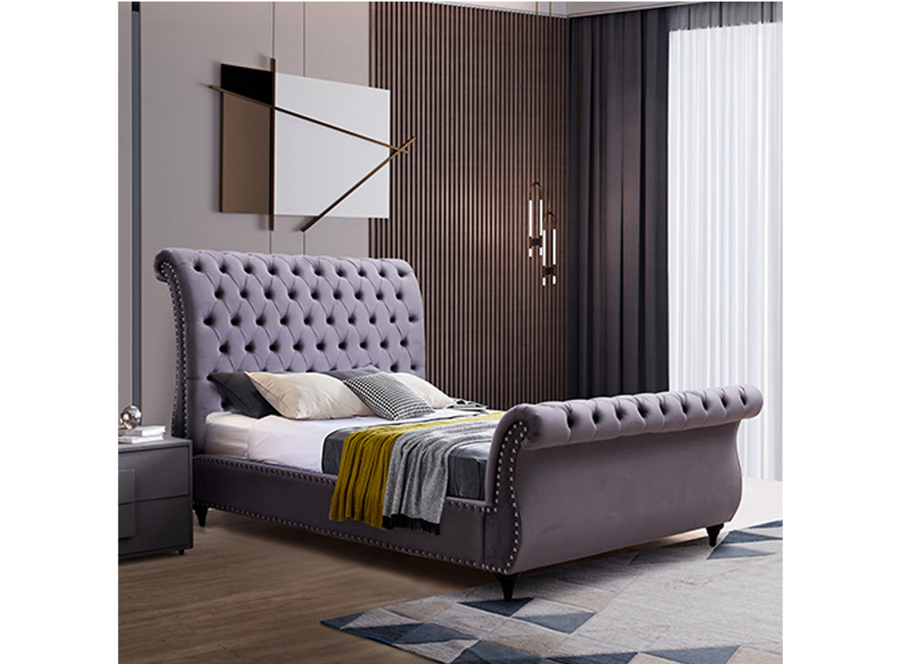 KING KIMMY SLEIGH VELVET BED FRAME - GREY