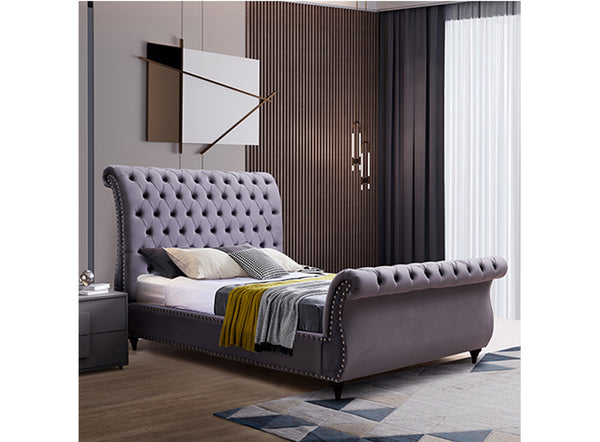 QUEEN KIMMY SLEIGH BED FRAME - GREY / BEIGE