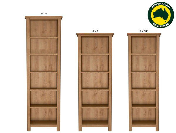EMINENCE (AUSSIE MADE) SKINNY BOOKCASE COLLECTION - TASSIE OAK COMBINATION - ASSORTED STAINED COLOURS