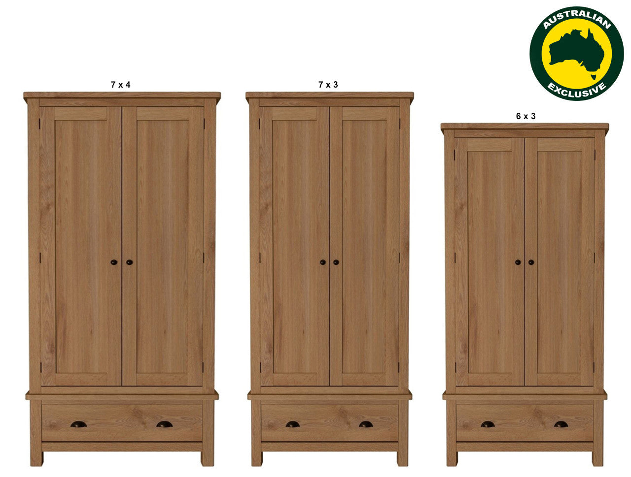 EMINENCE (AUSSIE MADE) 2 DOOR 1 DRAWERS OAK WARDROBE COLLECTION - TASSIE OAK COMBINATION - ASSORTED STAINED COLOURS - STARTING FROM $1799