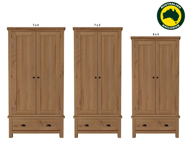 EMINENCE (AUSSIE MADE) 2 DOOR 1 DRAWERS OAK WARDROBE COLLECTION - TASSIE OAK COMBINATION - ASSORTED STAINED COLOURS