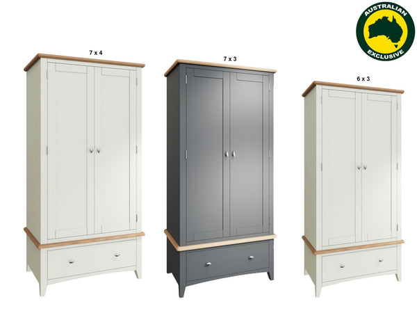 EMMETT (AUSSIE MADE) 2 DOOR / 1 DRAWER WARDROBE COLLECTION - TASSIE OAK COMBINATION - ASSORTED PAINTED / STAINED COLOURS