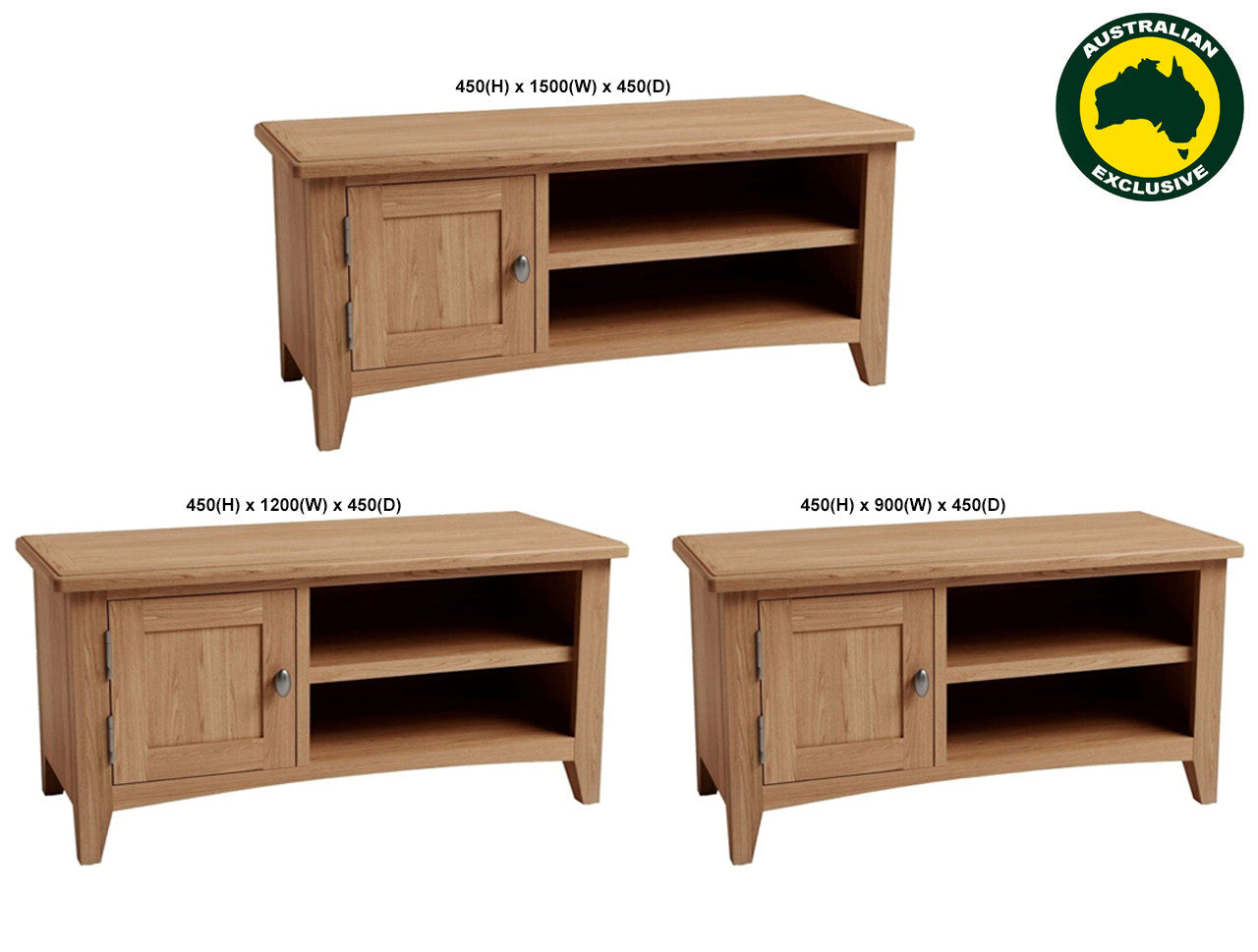 ELEGANCE (AUSSIE MADE) 1 DOOR / 2 SHELVES TV UNIT COLLECTION - TASSIE OAK COMBINATION - ASSORTED STAINED COLOURS - STARTING FROM $799