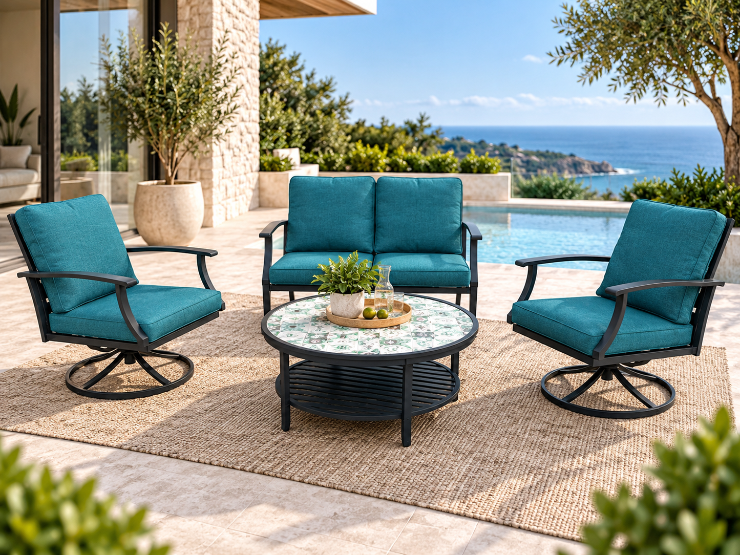 Elington 4-Piece Outdoor Lounge Setting – Brown Steel Frame with Blue Cushions