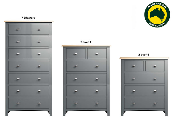 EMMETT (AUSSIE MADE) TALLBOY CHEST COLLECTION - TASSIE OAK COMBINATION - ASSORTED STAINED COLOURS