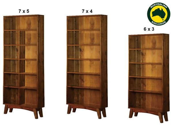 EUREKA (AUSSIE MADE) HIGHLINE BOOKCASE WITH WIDE T&G BACKING COLLECTION - ASSORTED STAINED COLOURS