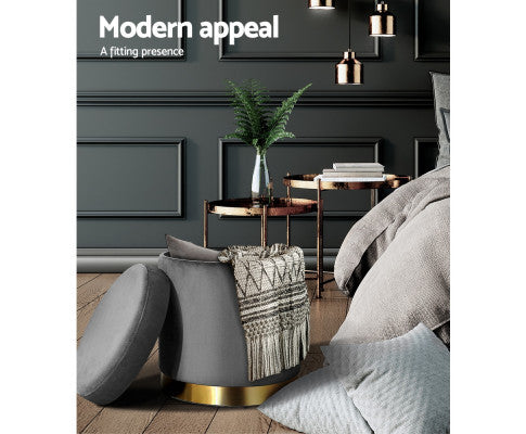 LINDEN VELVET FABRIC OTTOMAN FOOTSTOOL WITH STORAGE - CHARCOAL