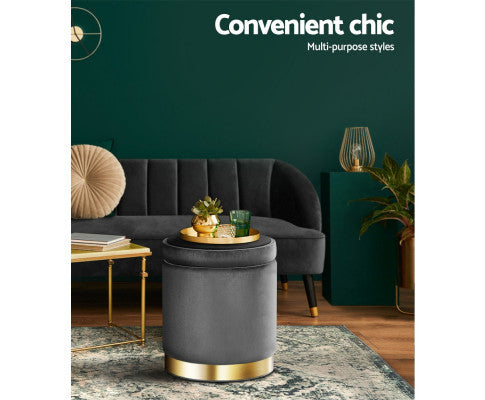 LINDEN VELVET FABRIC OTTOMAN FOOTSTOOL WITH STORAGE - CHARCOAL