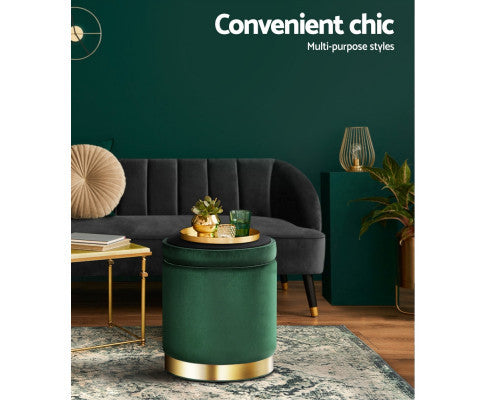 LINDEN VELVET FABRIC OTTOMAN FOOTSTOOL WITH STORAGE - GREEEN