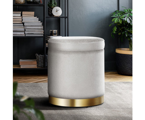 LINDEN VELVET FABRIC OTTOMAN FOOTSTOOL WITH STORAGE - GREY