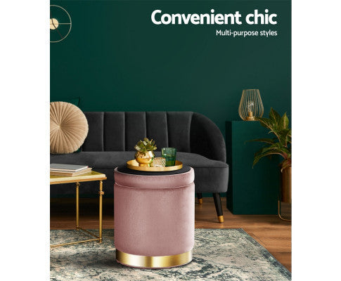 LINDEN VELVET FABRIC OTTOMAN FOOTSTOOL WITH STORAGE - PINK