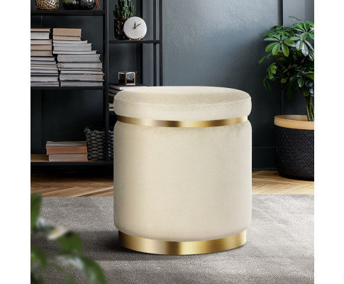 LINDEN VELVET FABRIC OTTOMAN FOOTSTOOL - CREAM