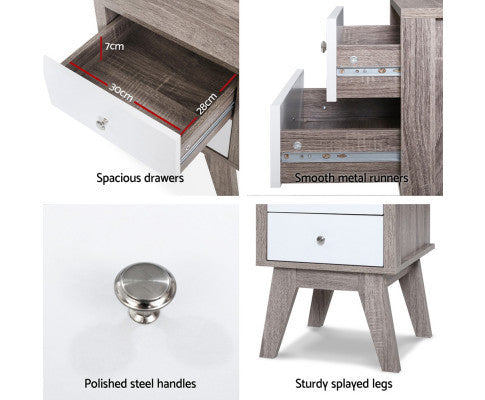 JOHNSON 2 DRAWER BEDSIDE TABLE - 580(H) X 400(W) - WHITE & NATURAL