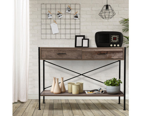 KELLAN 2 DRAWER CONSOLE TABLE - DARK WOOD & BLACK