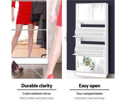 HAMILTON MIRRORED SHOE CABINET WITH 4 STORAGE COMPARTMENTS - WHITE