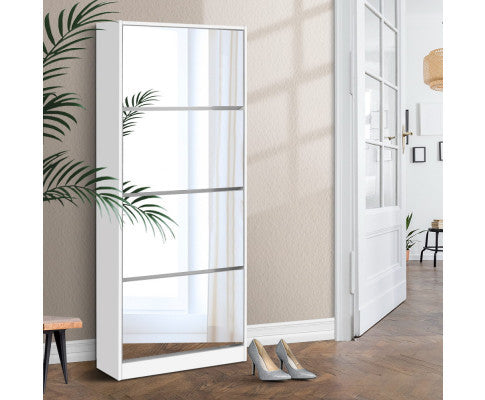 HAMILTON MIRRORED SHOE CABINET WITH 4 STORAGE COMPARTMENTS - WHITE