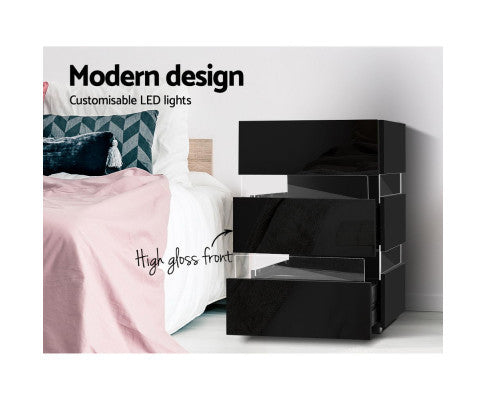 PYKE 3 DRAWER BEDSIDE TABLE WITH RGB LED LAMP - BLACK