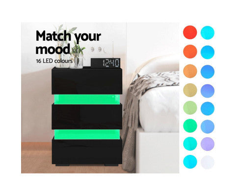 PYKE 3 DRAWER BEDSIDE TABLE WITH RGB LED LAMP - BLACK