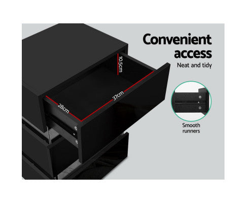 PYKE 3 DRAWER BEDSIDE TABLE WITH RGB LED LAMP - BLACK