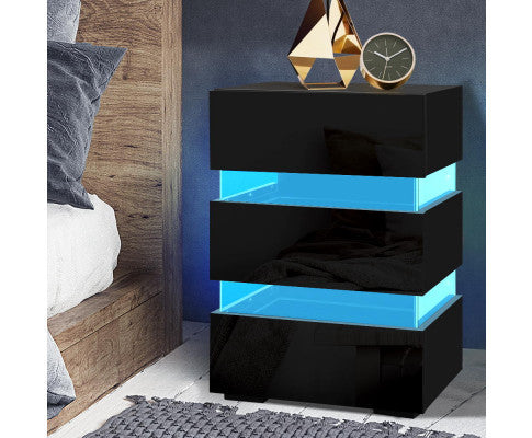 PYKE 3 DRAWER BEDSIDE TABLE WITH RGB LED LAMP - BLACK