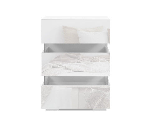PYKE 3 DRAWER BEDSIDE TABLE WITH RGB LED LAMP - WHITE