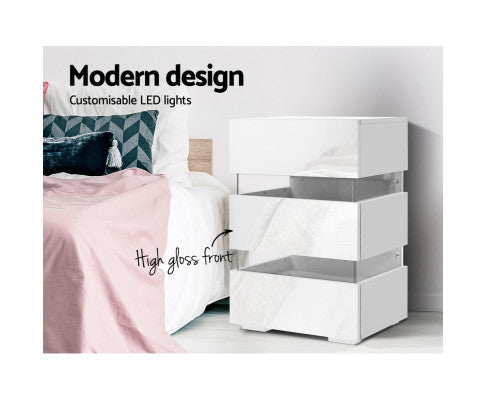 PYKE 3 DRAWER BEDSIDE TABLE WITH RGB LED LAMP - WHITE