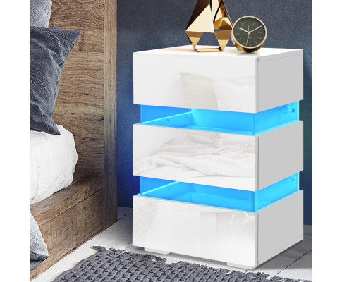 PYKE 3 DRAWER BEDSIDE TABLE WITH RGB LED LAMP - WHITE