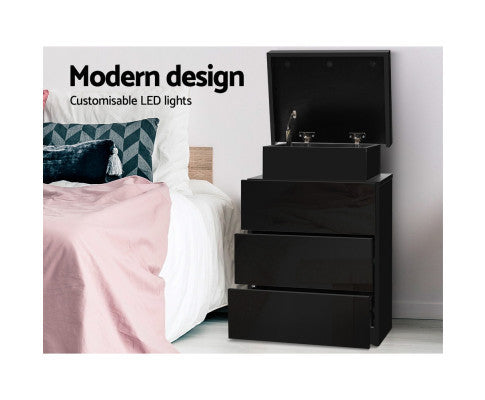 HAMILTON 3 DRAWER BEDSIDE TABLE WITH RGB LED - HIGH GLOSS BLACK